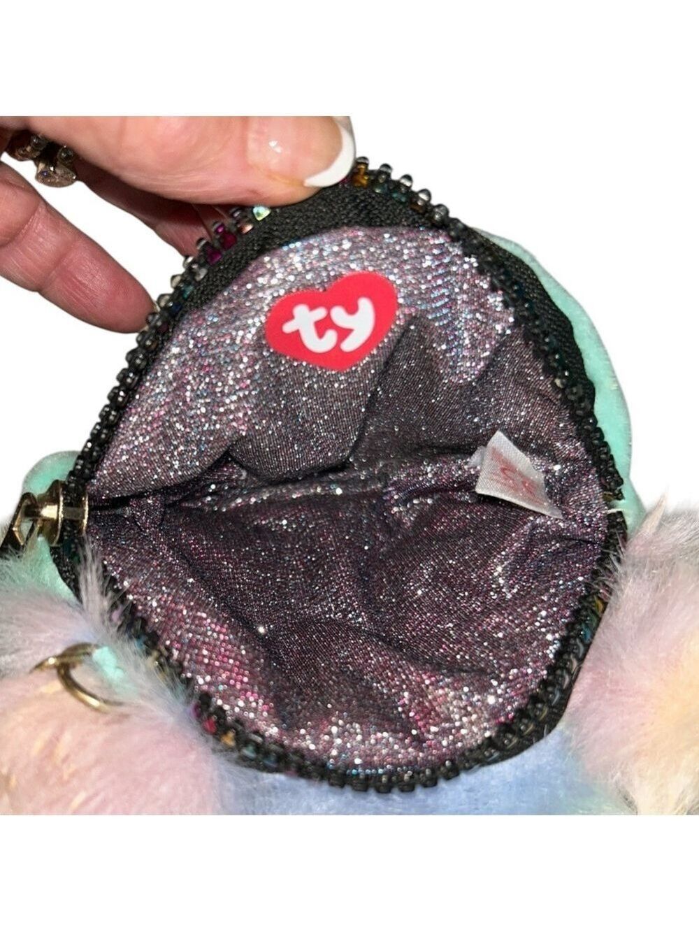 Ty Fashion Heather Cat Mini Purse in Rainbow Faux Fur with Chain Strap - Picture 5 of 7